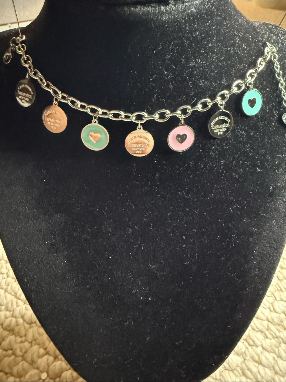 Fashion Jewelry Silver Charm Bracelet with Pink & Teal Enamel Hearts